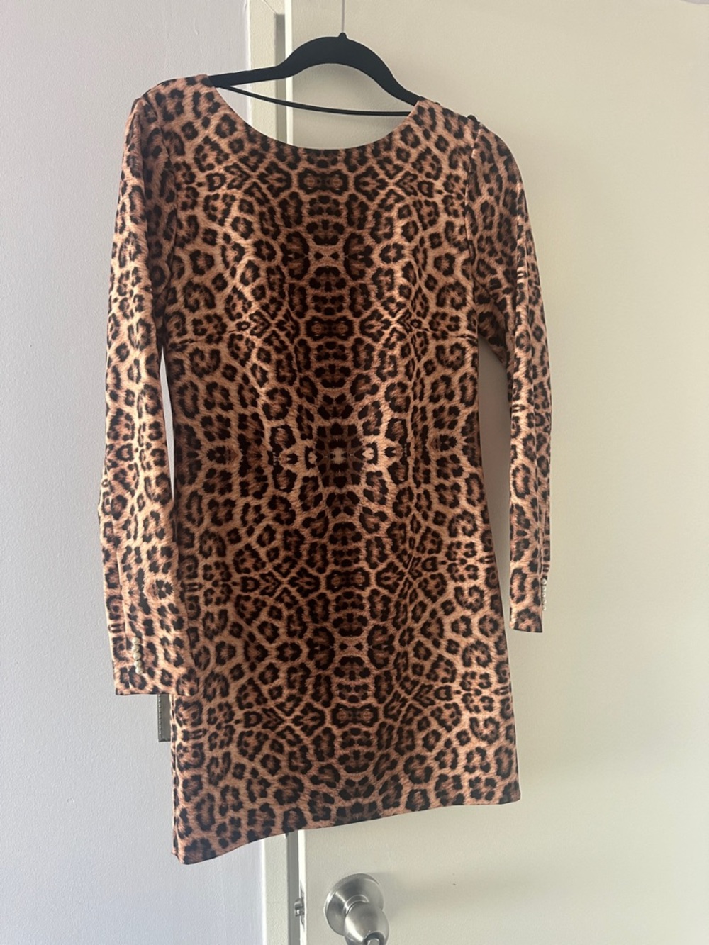 Leopard Print Long Sleeve Mini Dress in Brown